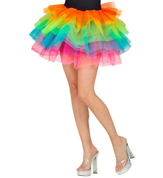 Neon rainbow tutu petticoat, half-length tulle skirt with layered vibrant colors.