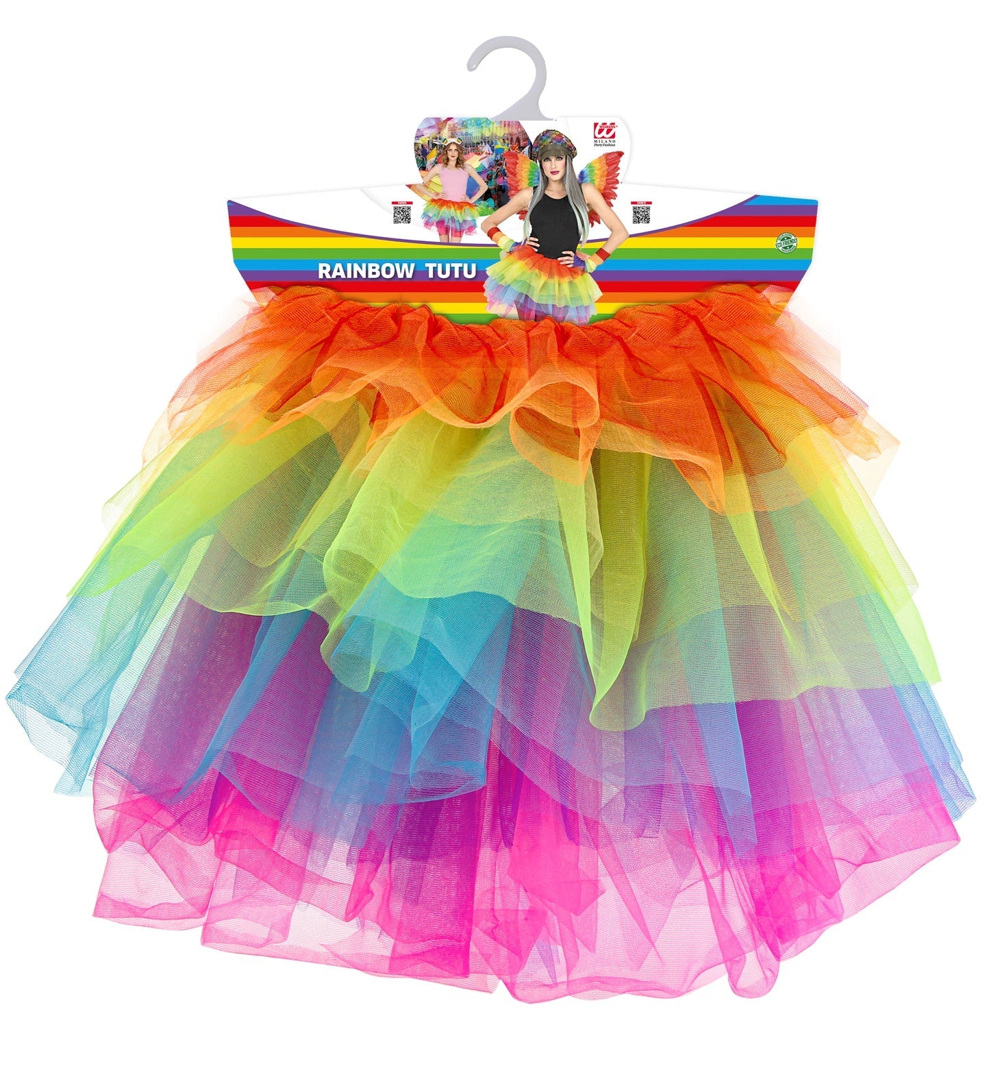 Neon rainbow half-length tulle tutu petticoat skirt on hanger.