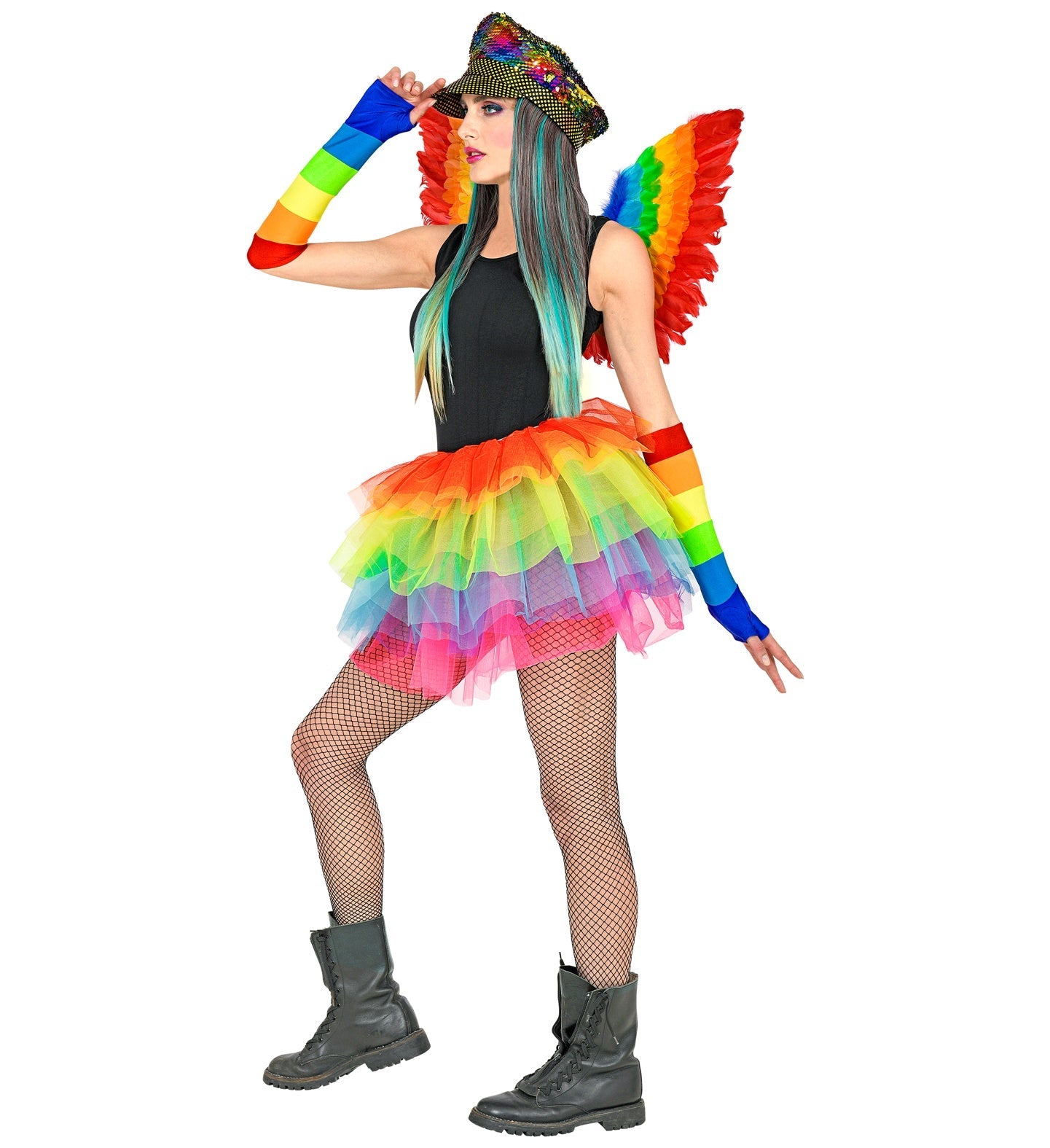 Vibrant half-length neon rainbow tulle tutu petticoat with layered flares.