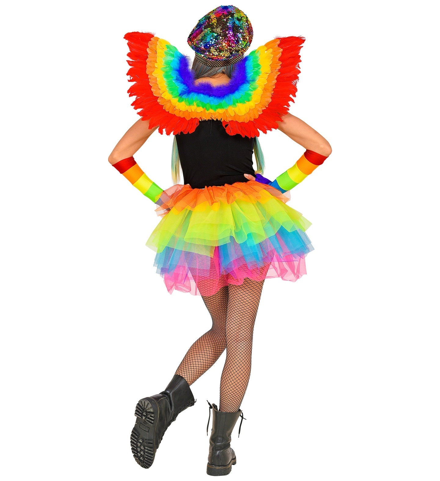 Rear view of a model wearing a neon rainbow tutu petticoat with black top and boots.