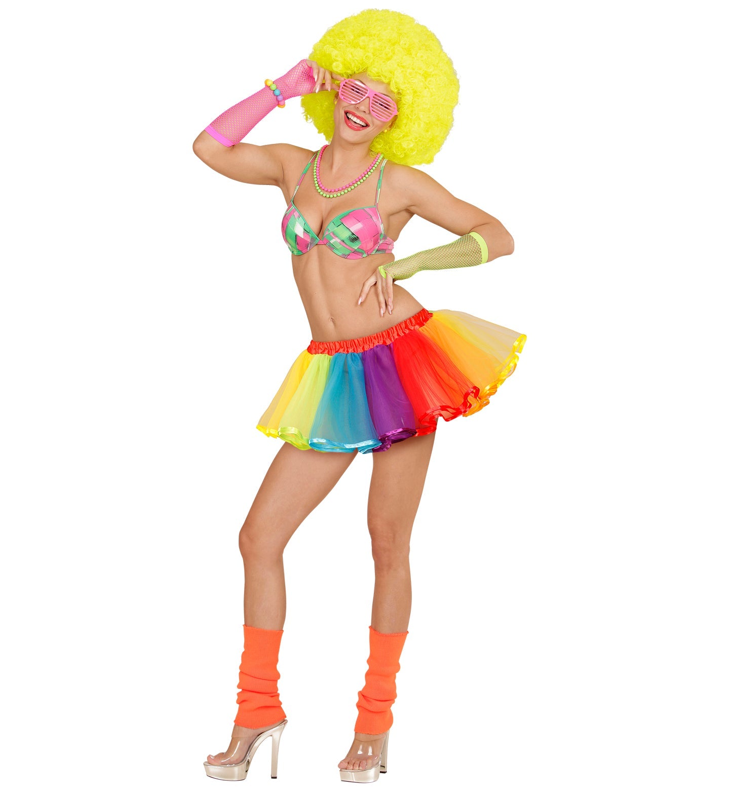 Short neon rainbow layered mesh tutu petticoat skirt with elastic waistband.