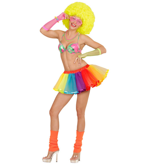 Short neon rainbow layered mesh tutu petticoat skirt with elastic waistband.