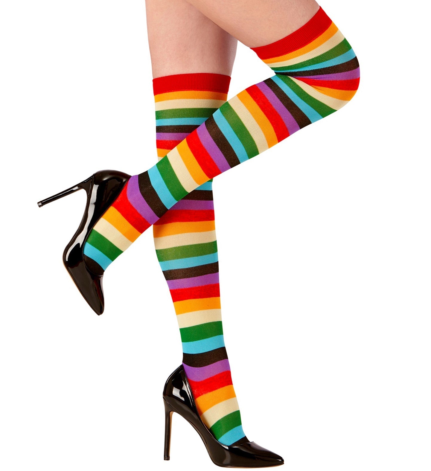Woman's legs in colorful neon rainbow over-the-knee stockings and black high heels.