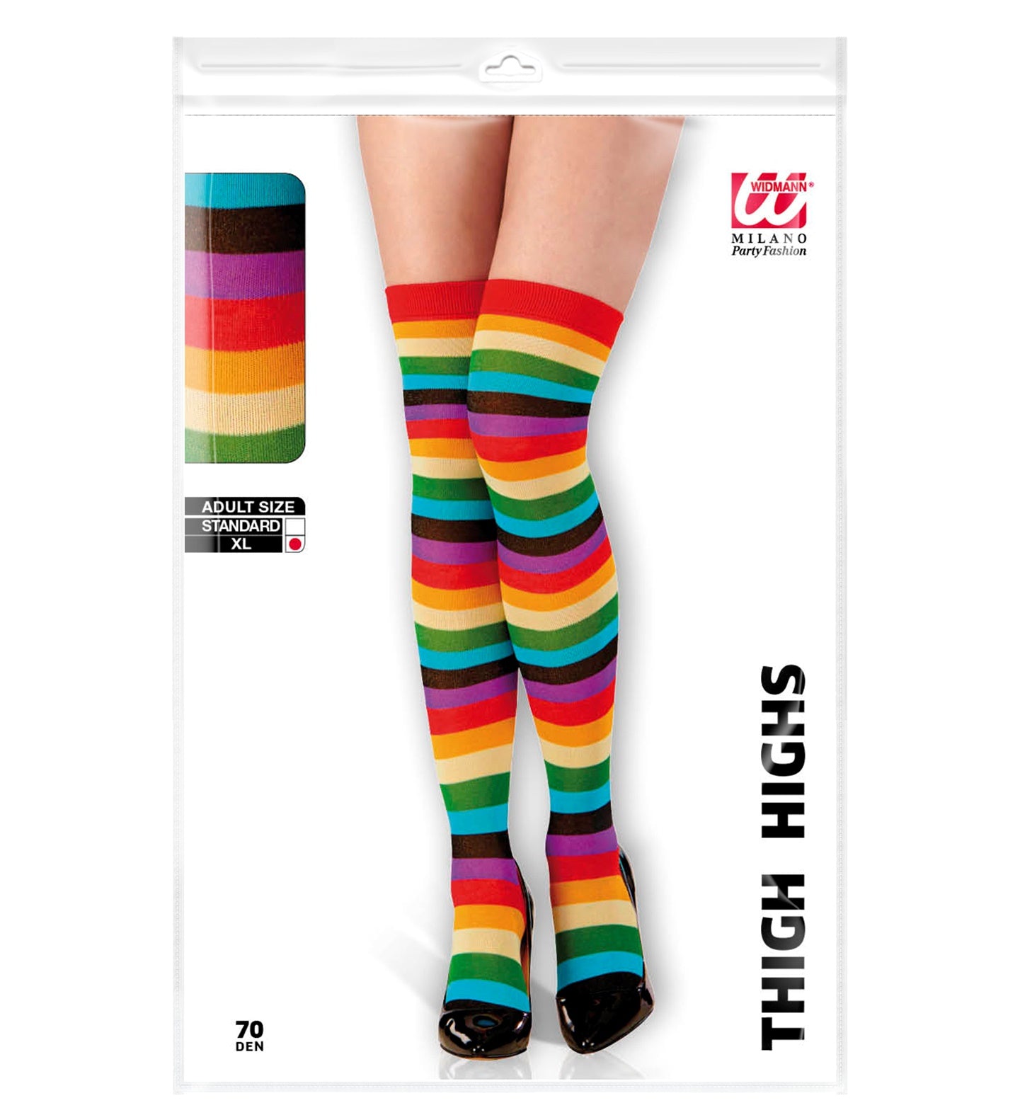 Colorful neon rainbow over-the-knee stockings in 70 DEN, packaged for adult XL size.