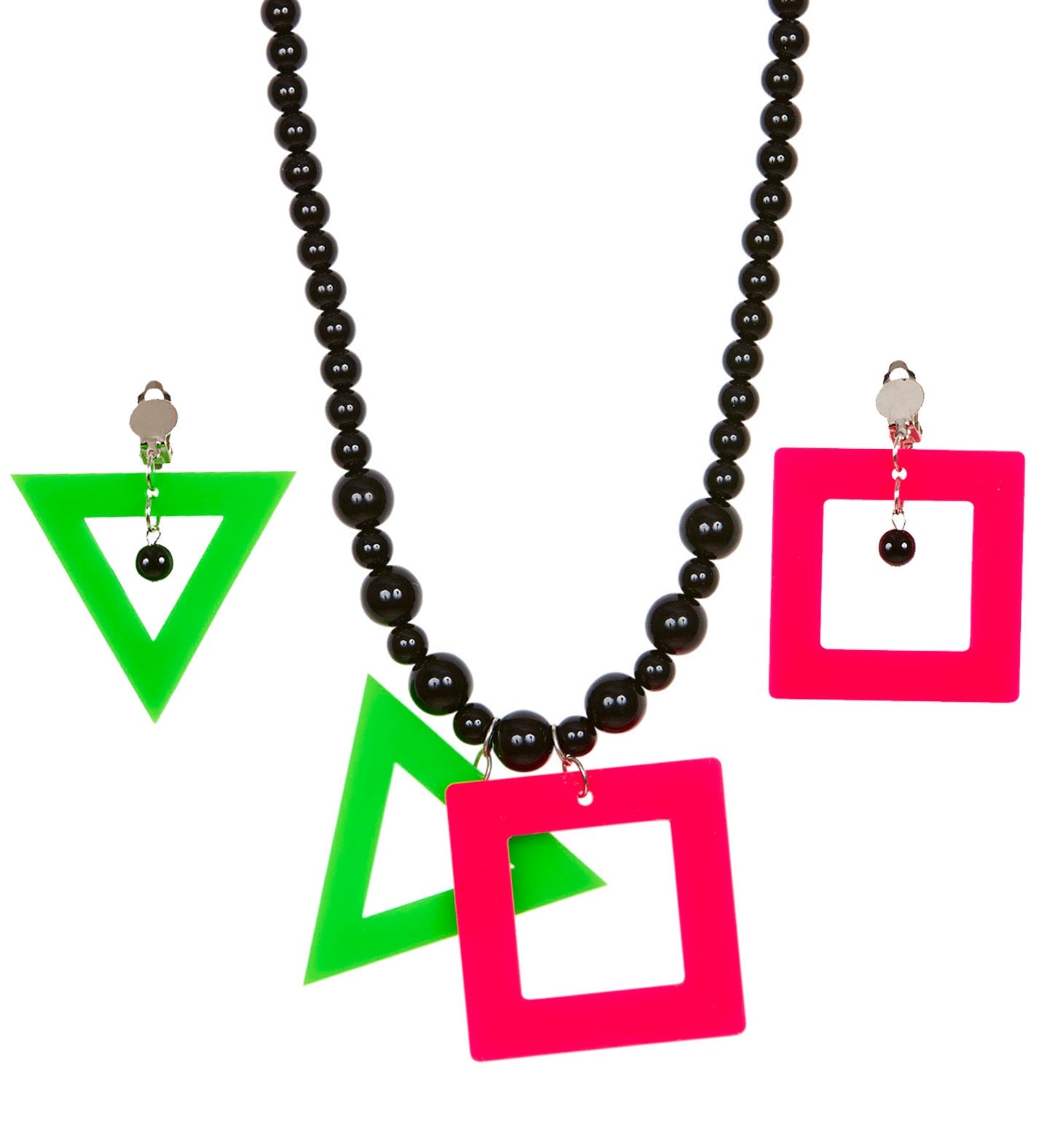 Neon necklace with black beads and matching green triangle and pink square clip earrings.