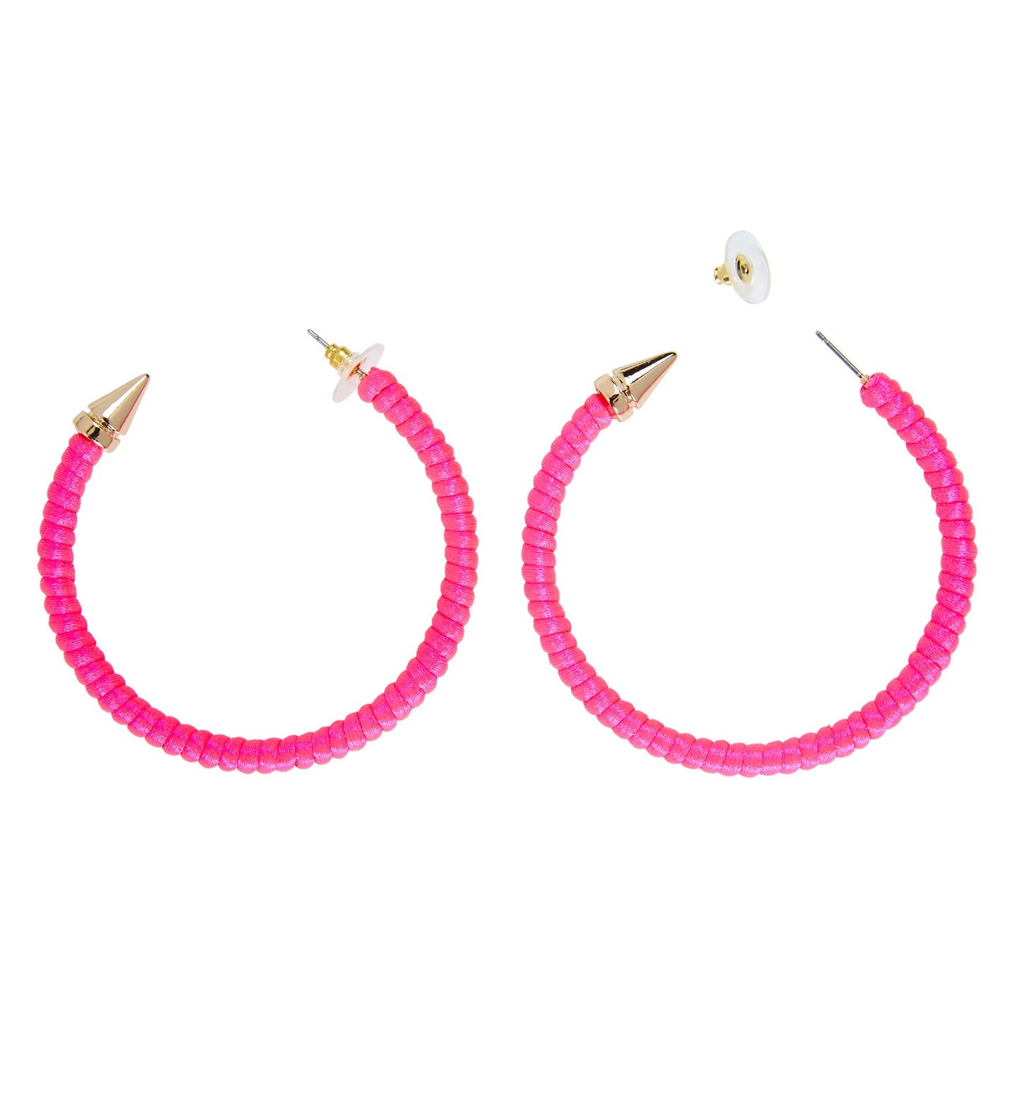 Pair of lightweight neon pink plastic hoop earrings, 4cm diameter with gold-tone spikes.