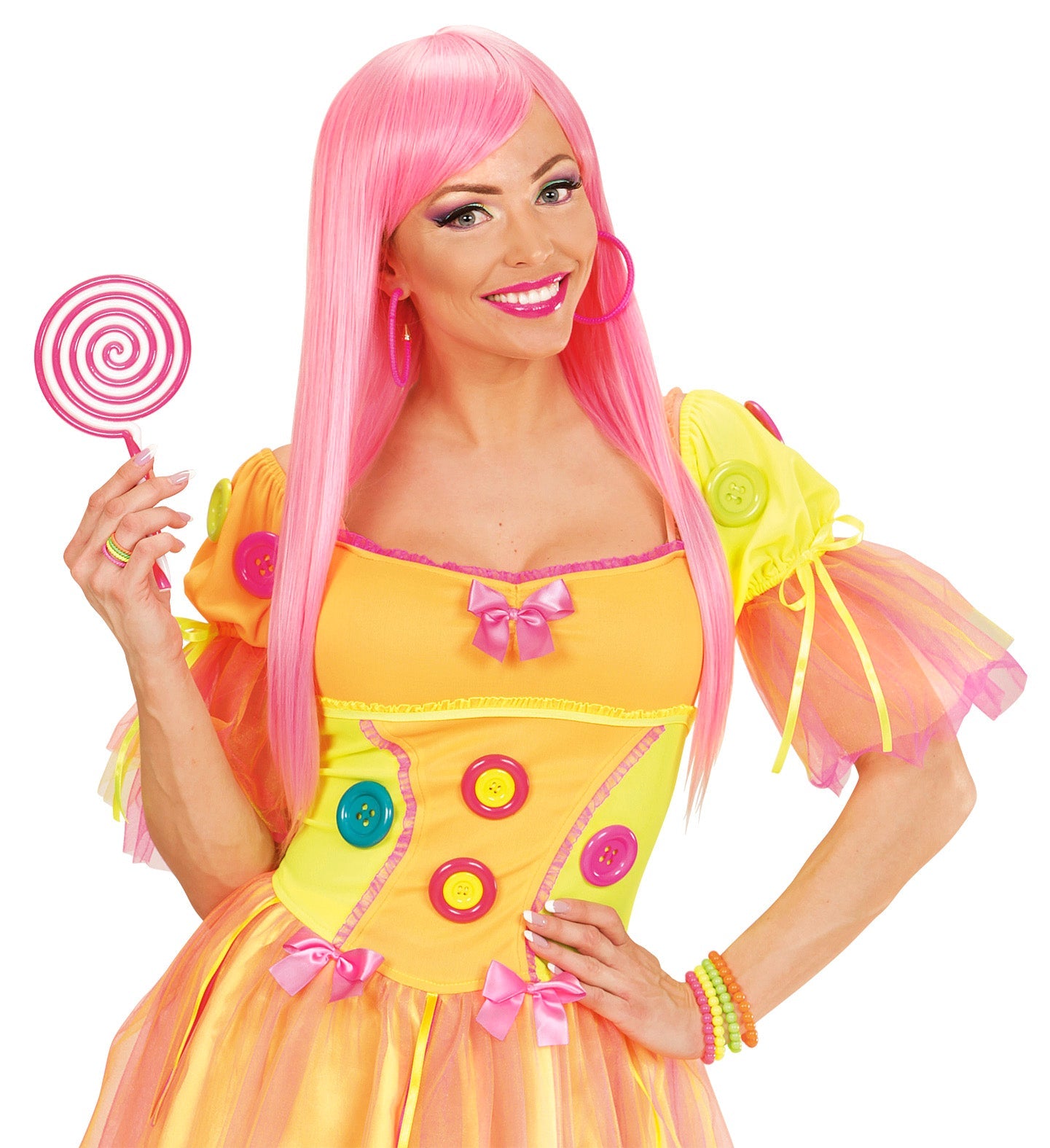 Woman modeling neon pink hoop earrings with a lollipop and costume.