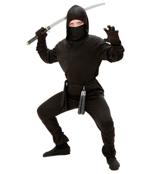 A child model wearing the black ninja costume set with hooded top, pants, mask, sword, and nunchucks.