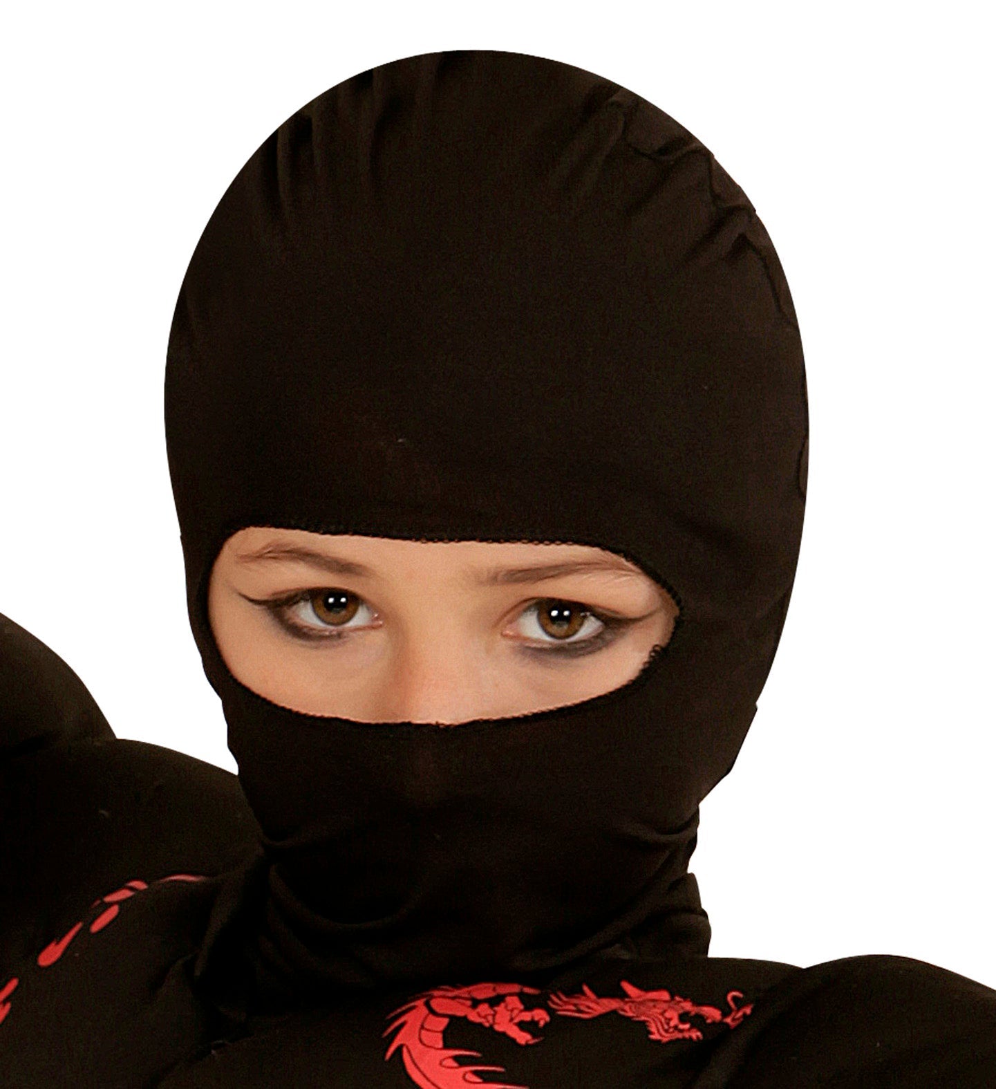 Schwarze Ninja-Maske in Kindergröße mit elastischem Gummizug und realistischer Stickerei.