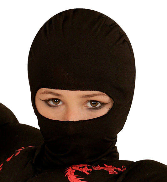 Schwarze Ninja-Maske in Kindergröße mit elastischem Gummizug und realistischer Stickerei.
