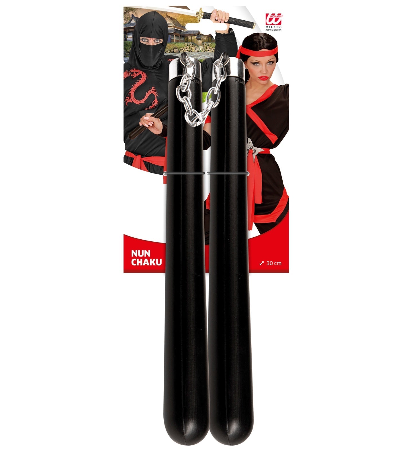 Widmann 30cm ninja nunchaku with hardwood handles and steel chain.