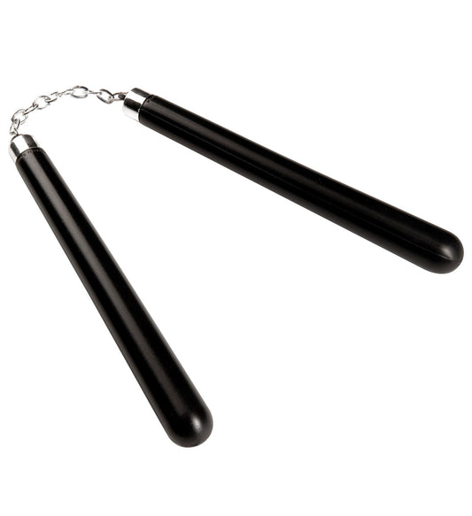 Black hardwood nunchaku with steel chain, 30cm handles.