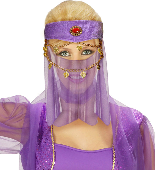 Goldfarbener Odalisken-Kopfschmuck mit transparentem Schleier und glänzenden Münzen