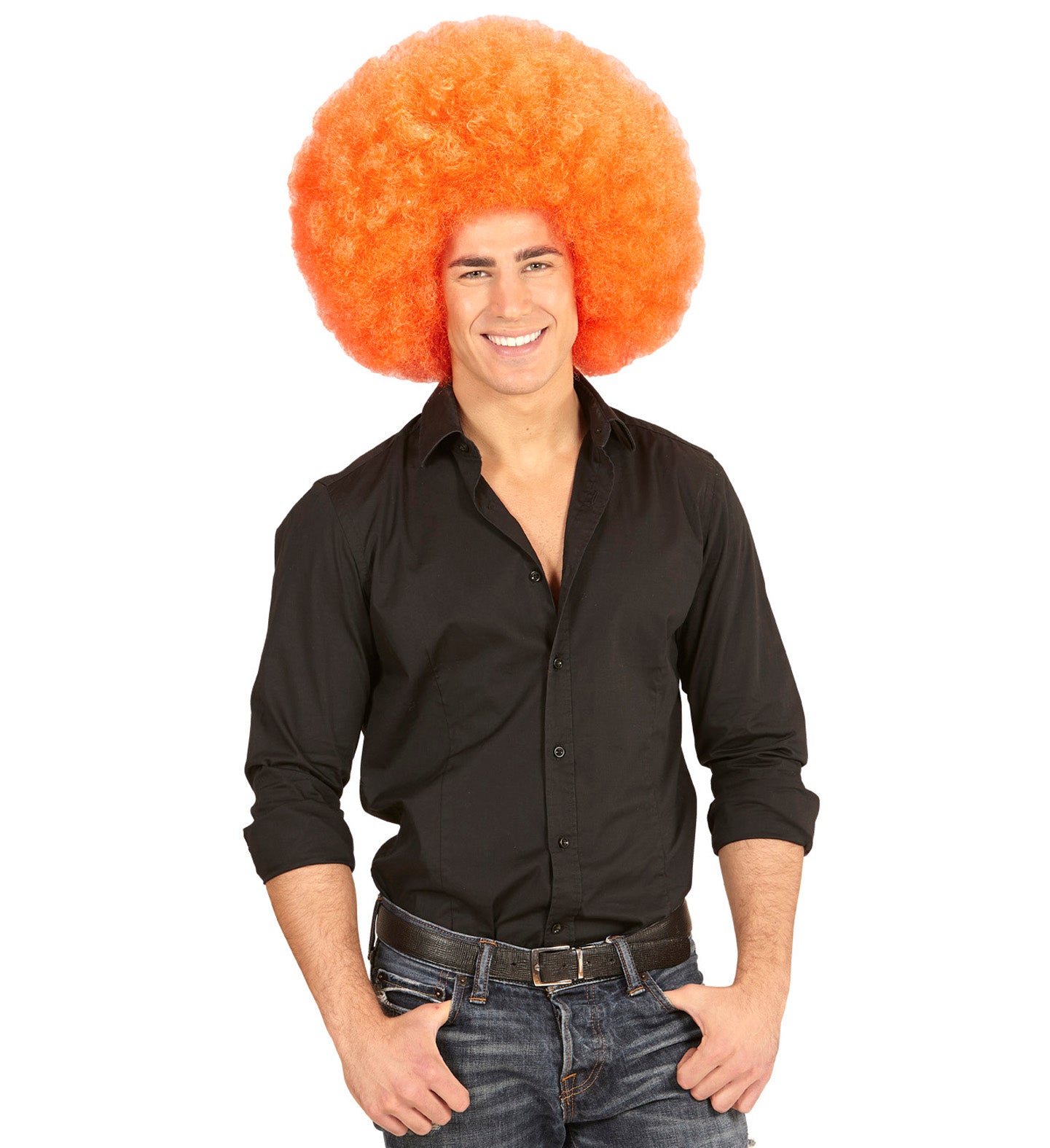 Orangene Riesen Afro Perücke mit lockigem, voluminösem Haar für Clown- und 70er-Kostüme.