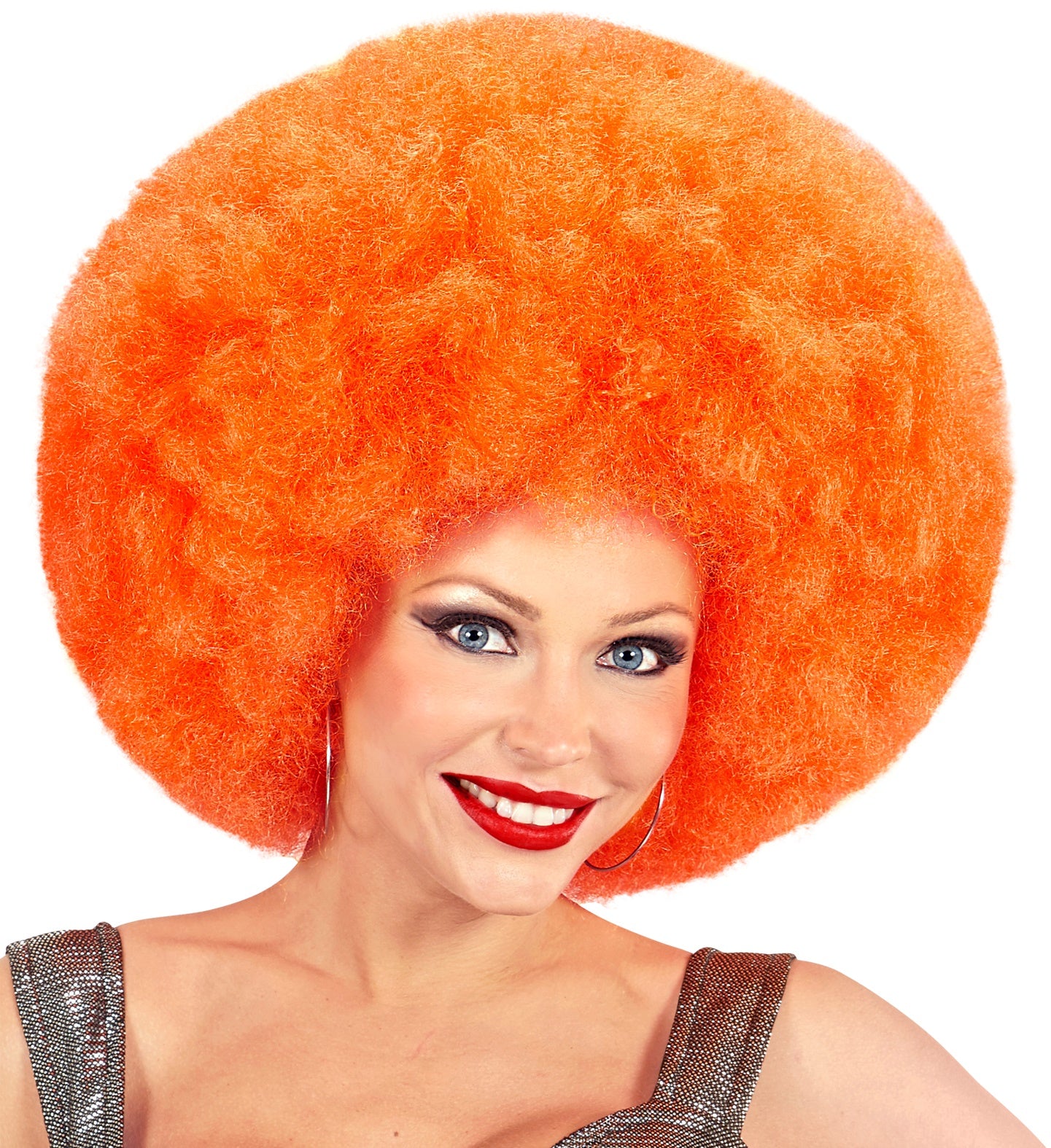 Orange Riesen Afro Perücke mit lockigen, voluminösen Haaren für Clown- und 70er-Kostüme.