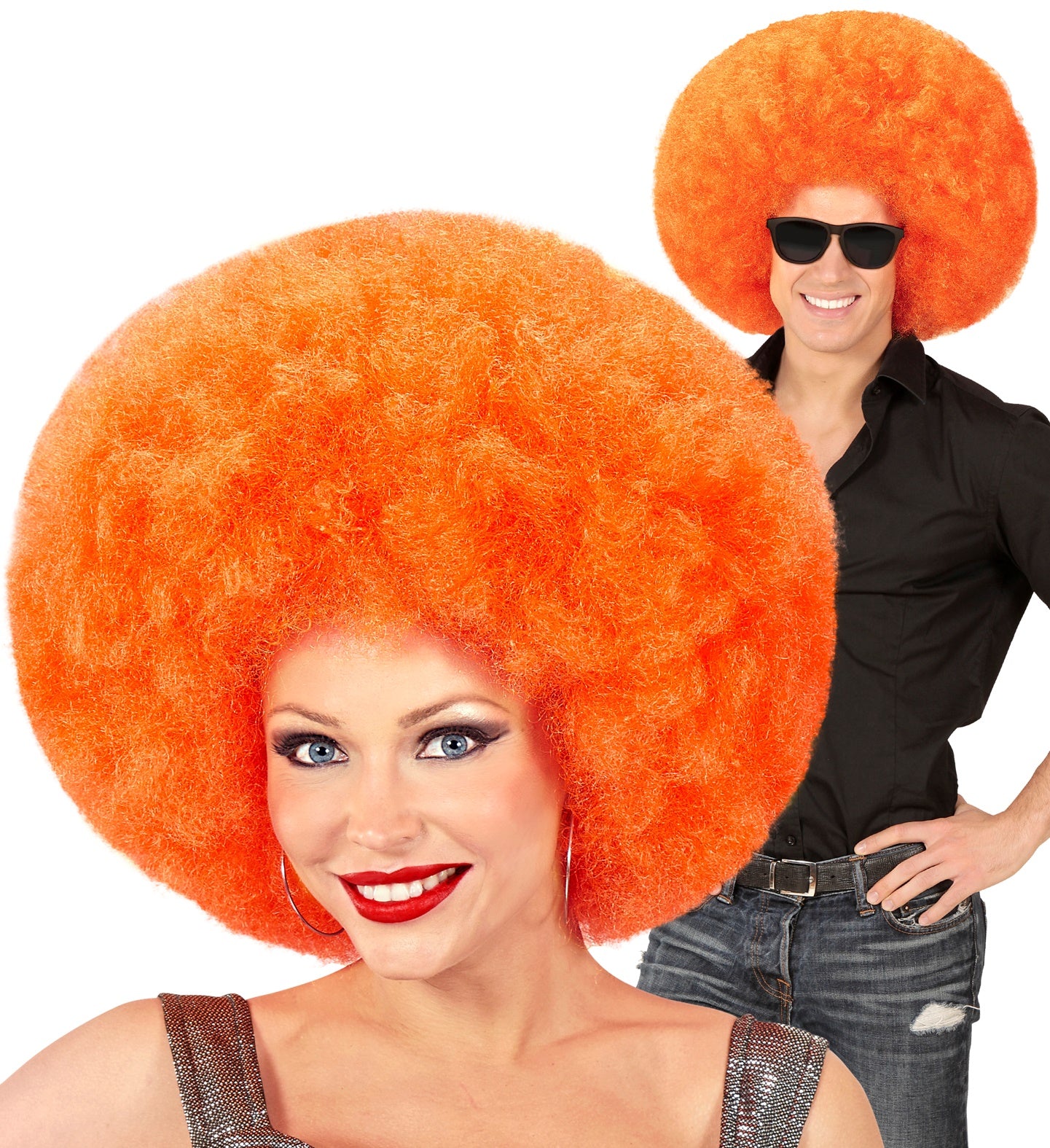 Neon-orange Afro Perücke mit lockigem Volumen, ideal für Clown- und 70er-Kostüme.