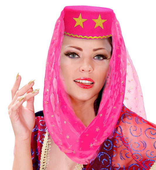 Rosa Haremshut mit fließendem Schleier im orientalischen Stil für 1001 Nacht Kostüm