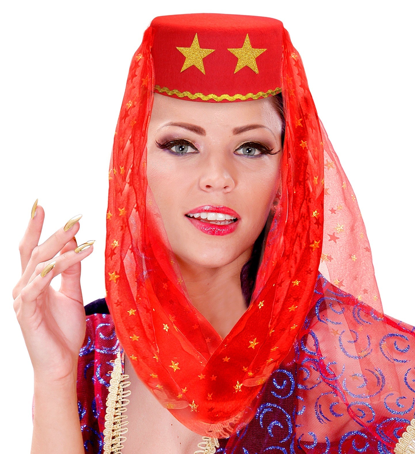 Roter Haremshut mit Schleier, ideal für Karneval oder Themenpartys.