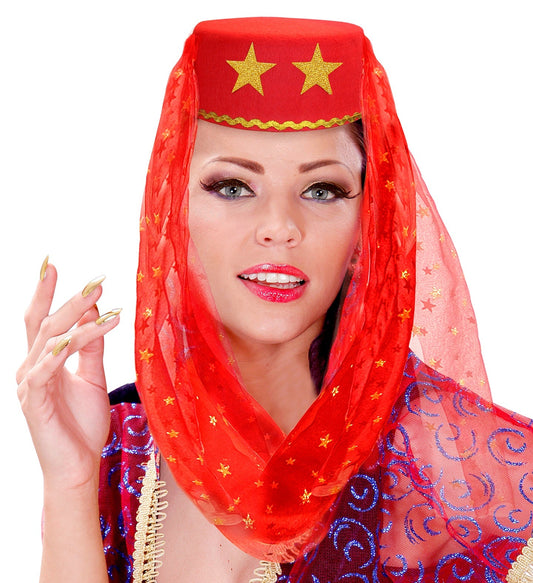 Roter Haremshut mit Schleier, ideal für Karneval oder Themenpartys.