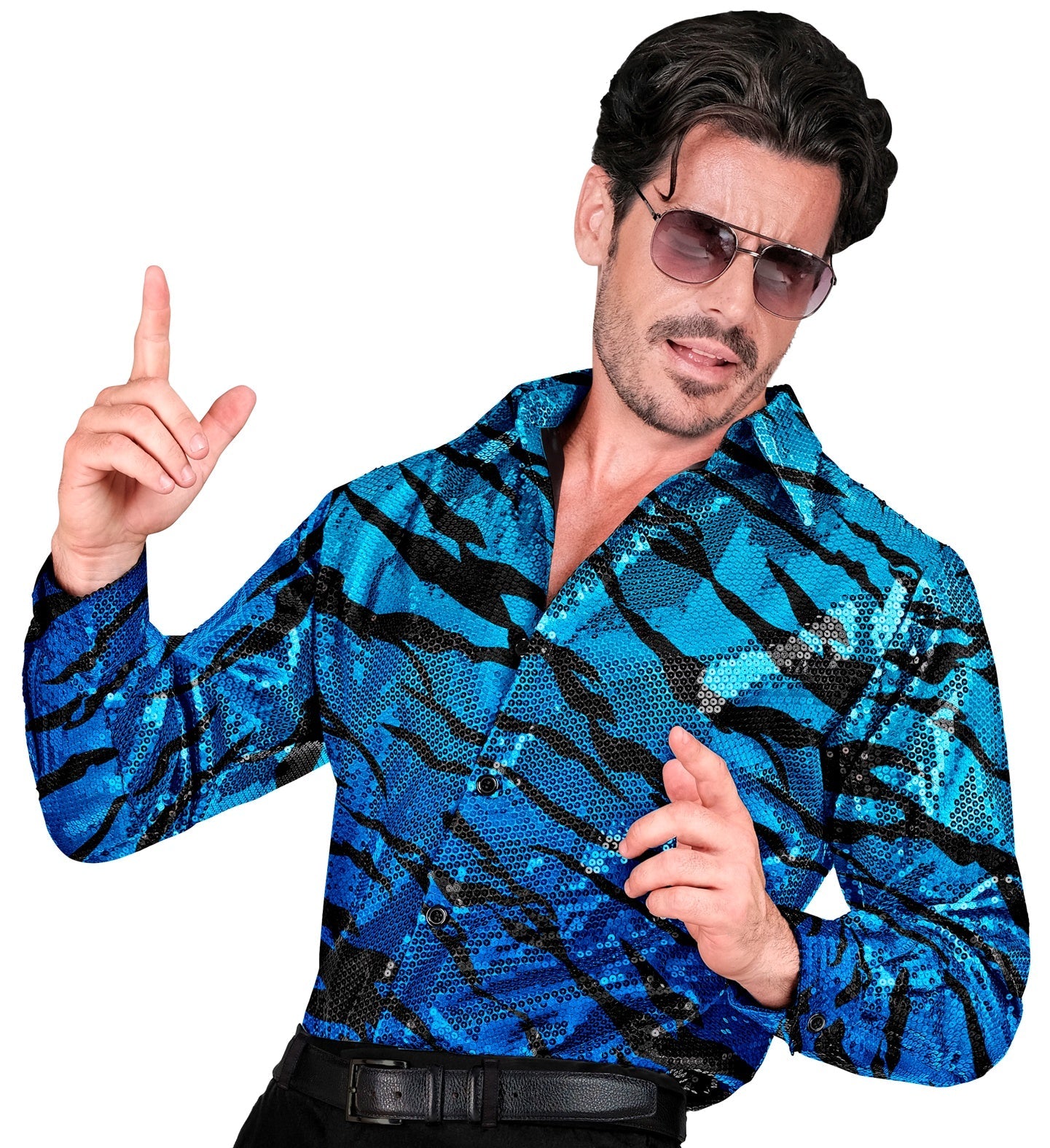 Man in blue and silver sequin zebra print shirt posing dynamically.