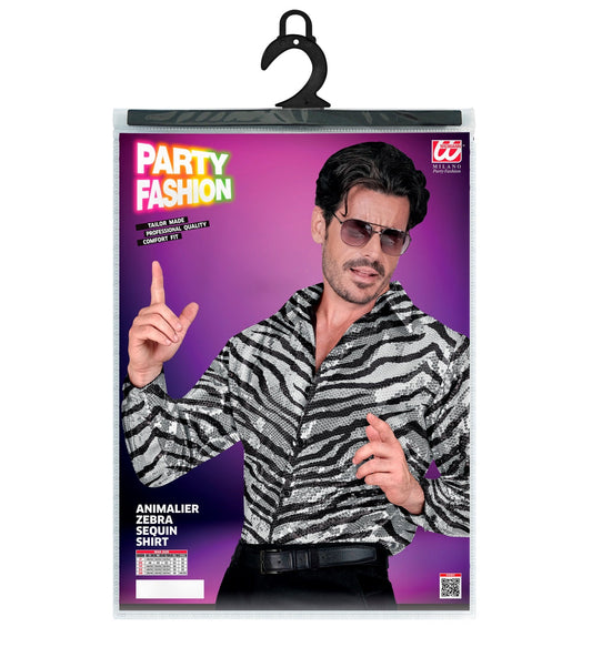 Men's black and silver sequin zebra print shirt in package.