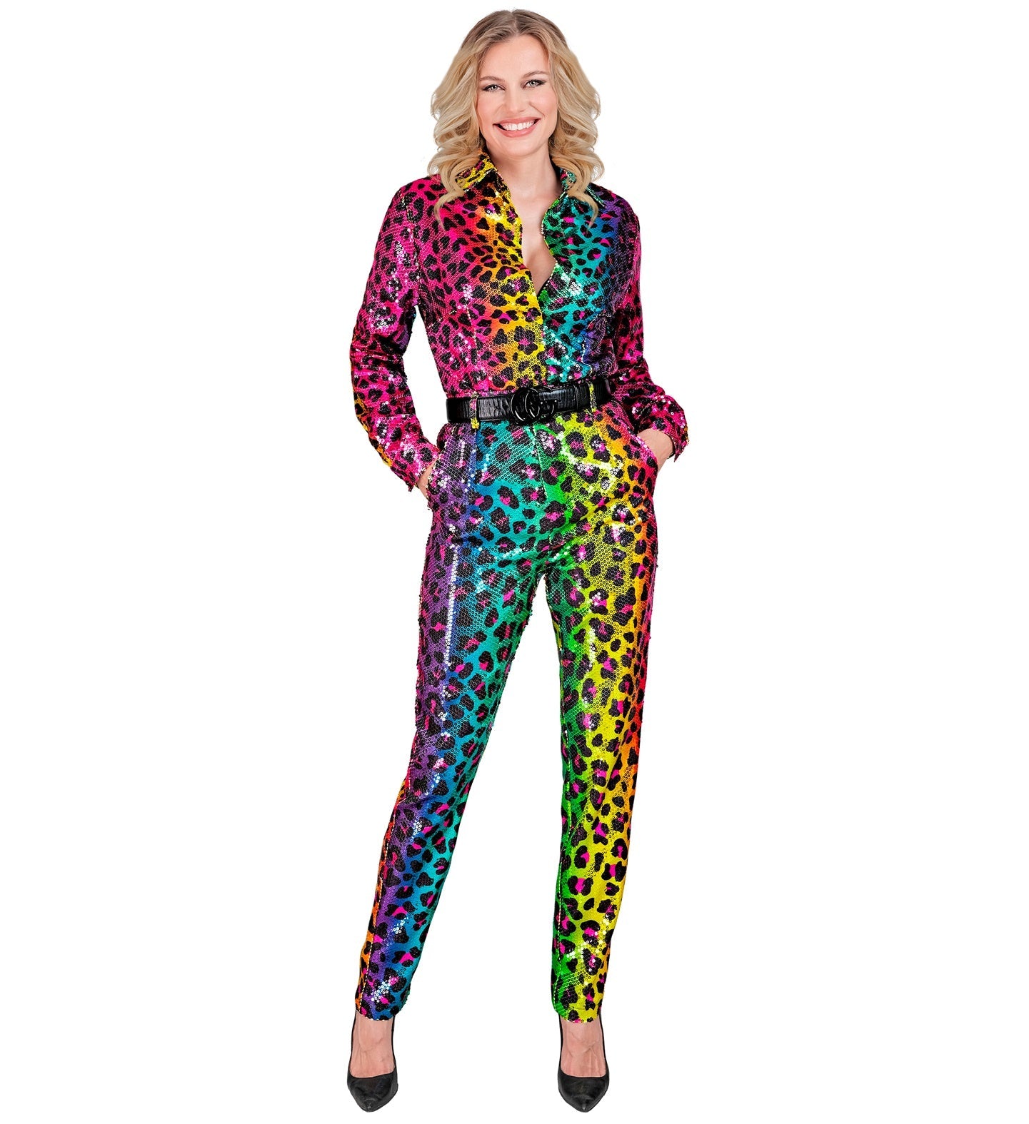 Slim-fit women's sequin leopard rainbow pants with elastic waistband.
