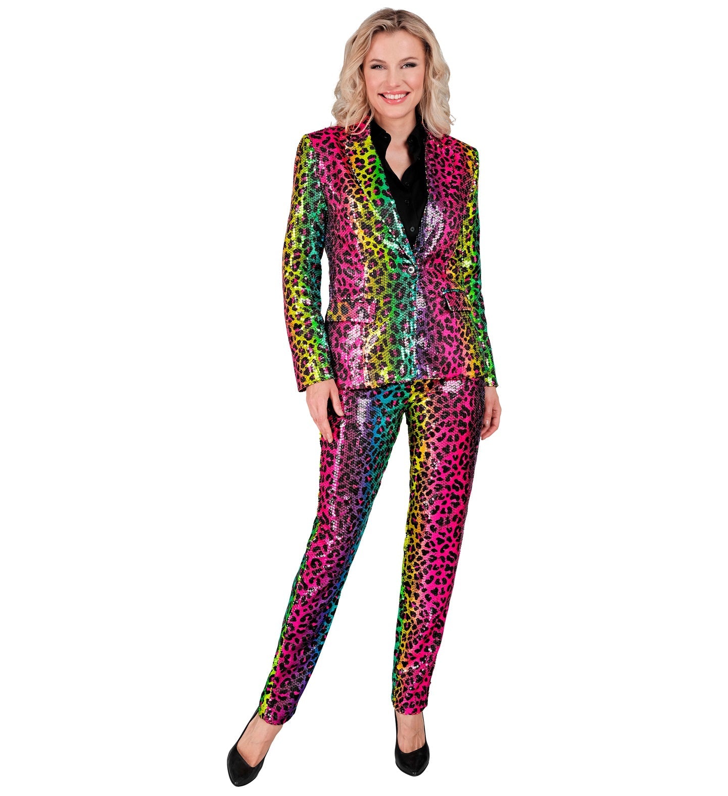 Woman wearing slim-fit sequin leopard rainbow pants with elastic waist and straight legs.