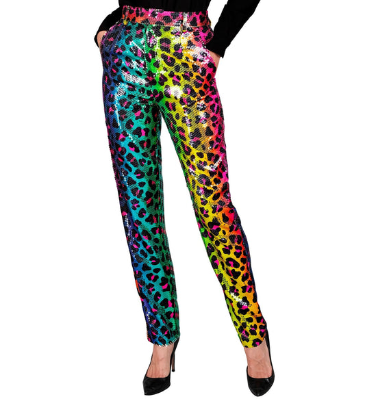 Women's slim-fit sequin leopard print pants in rainbow colors with elastic waist.