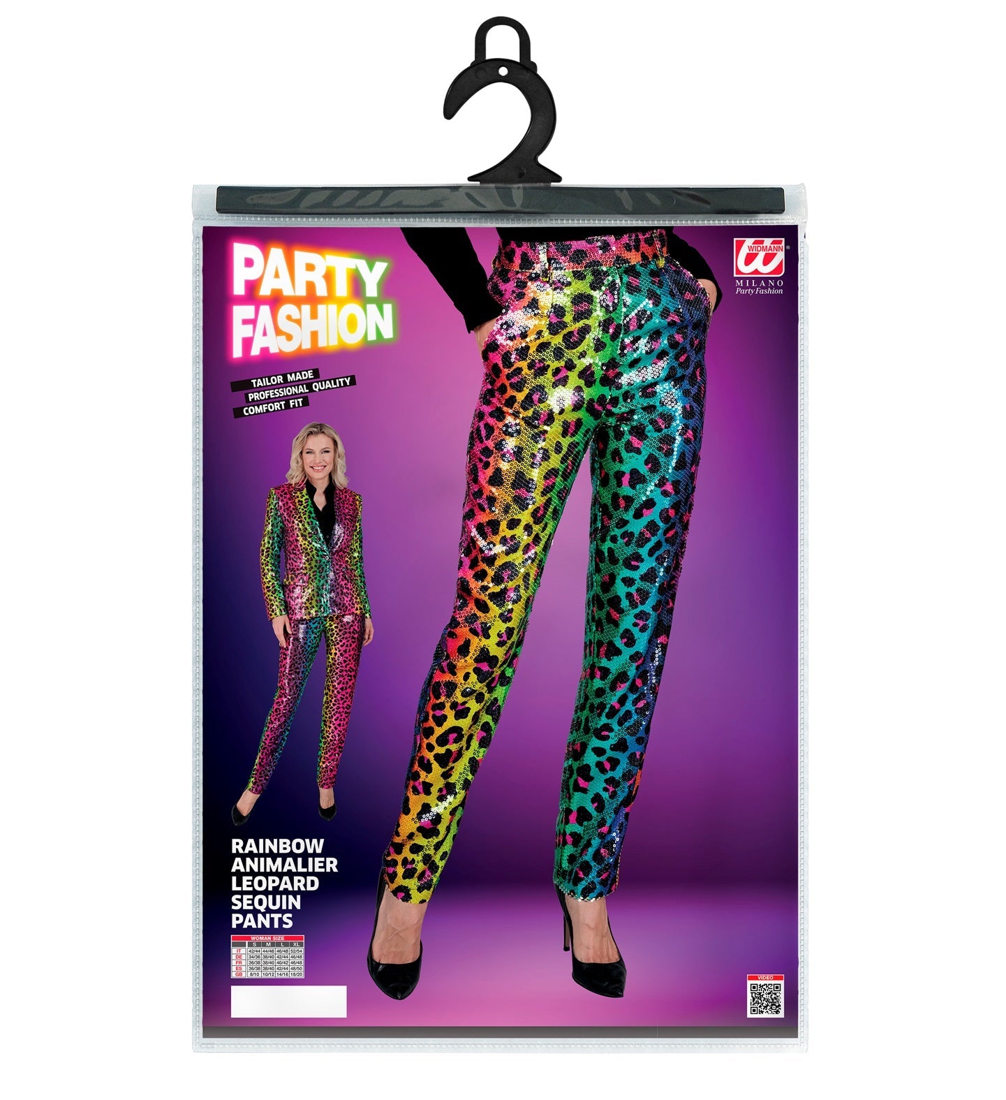 Women's slim fit sequin leopard print pants in rainbow colors on hanger.