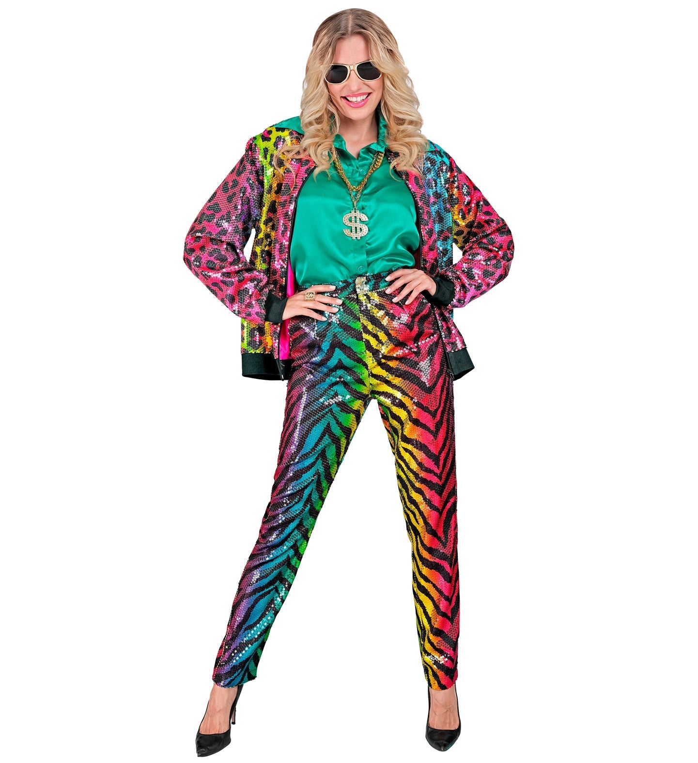 Woman in dazzling rainbow sequin tiger print pants and matching jacket with dollar necklace.