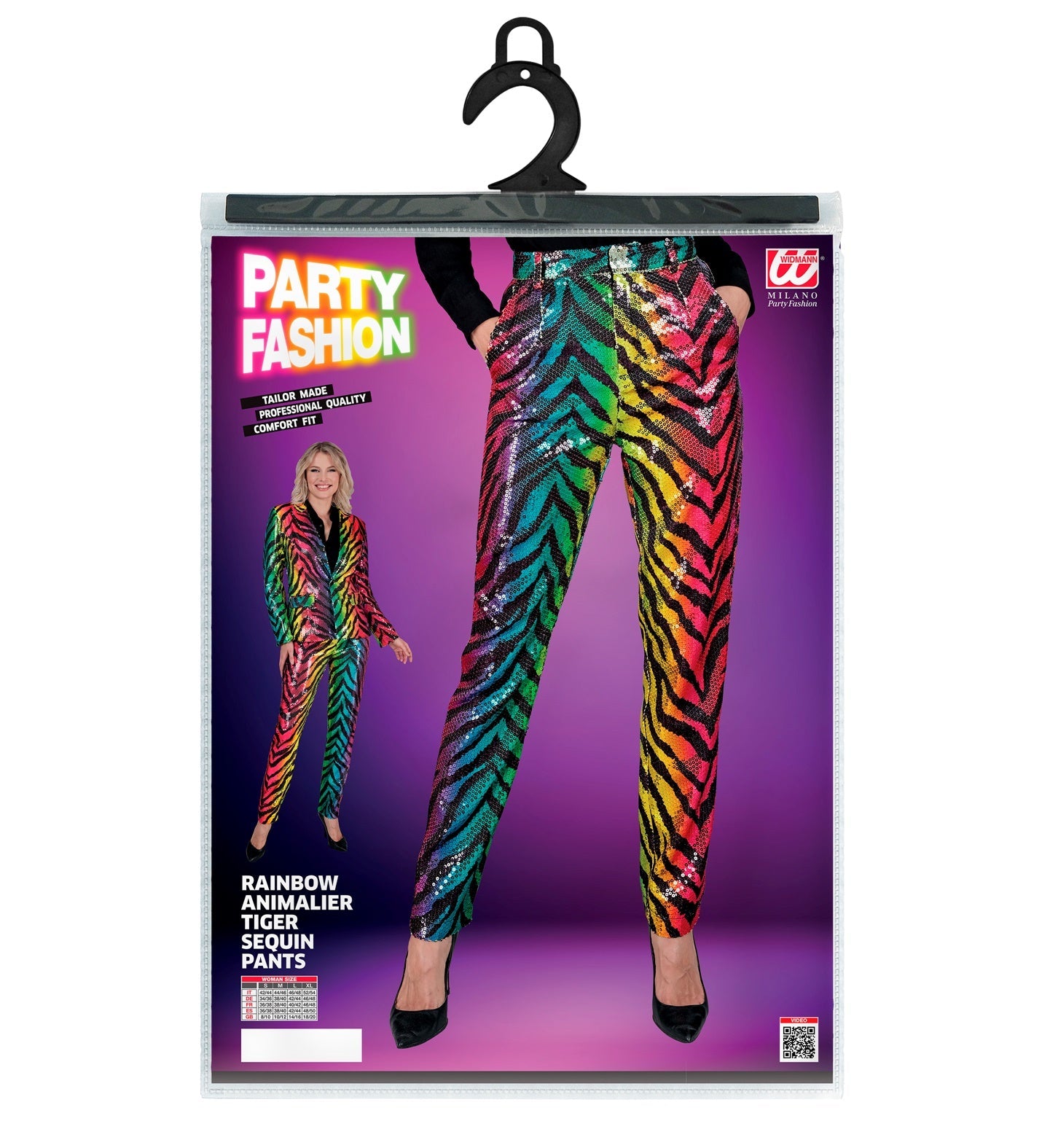 Women's rainbow sequin tiger print pants in shiny multicolored stripes.