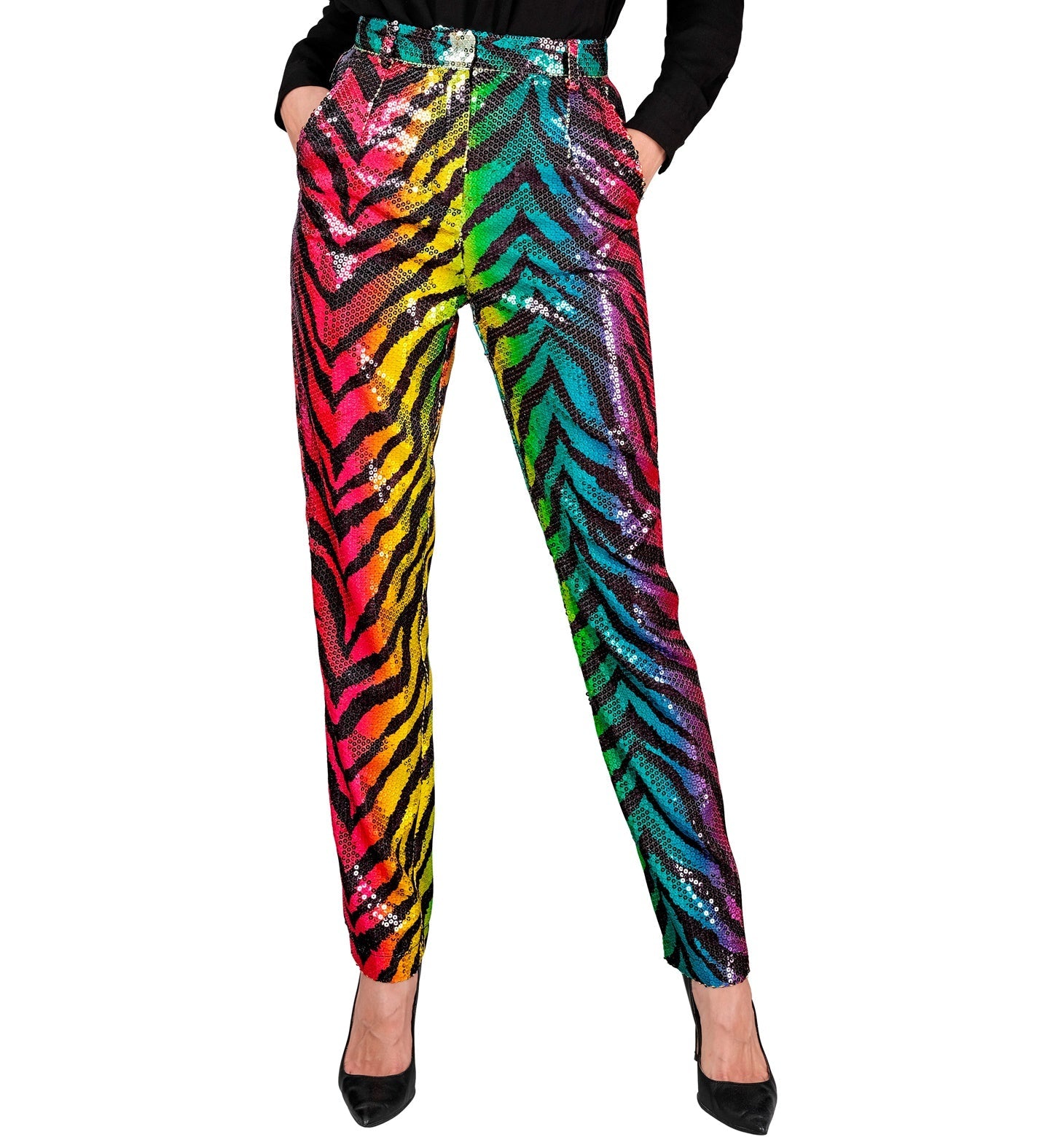 Rainbow sequin tiger print pants on a model with black top and heels.