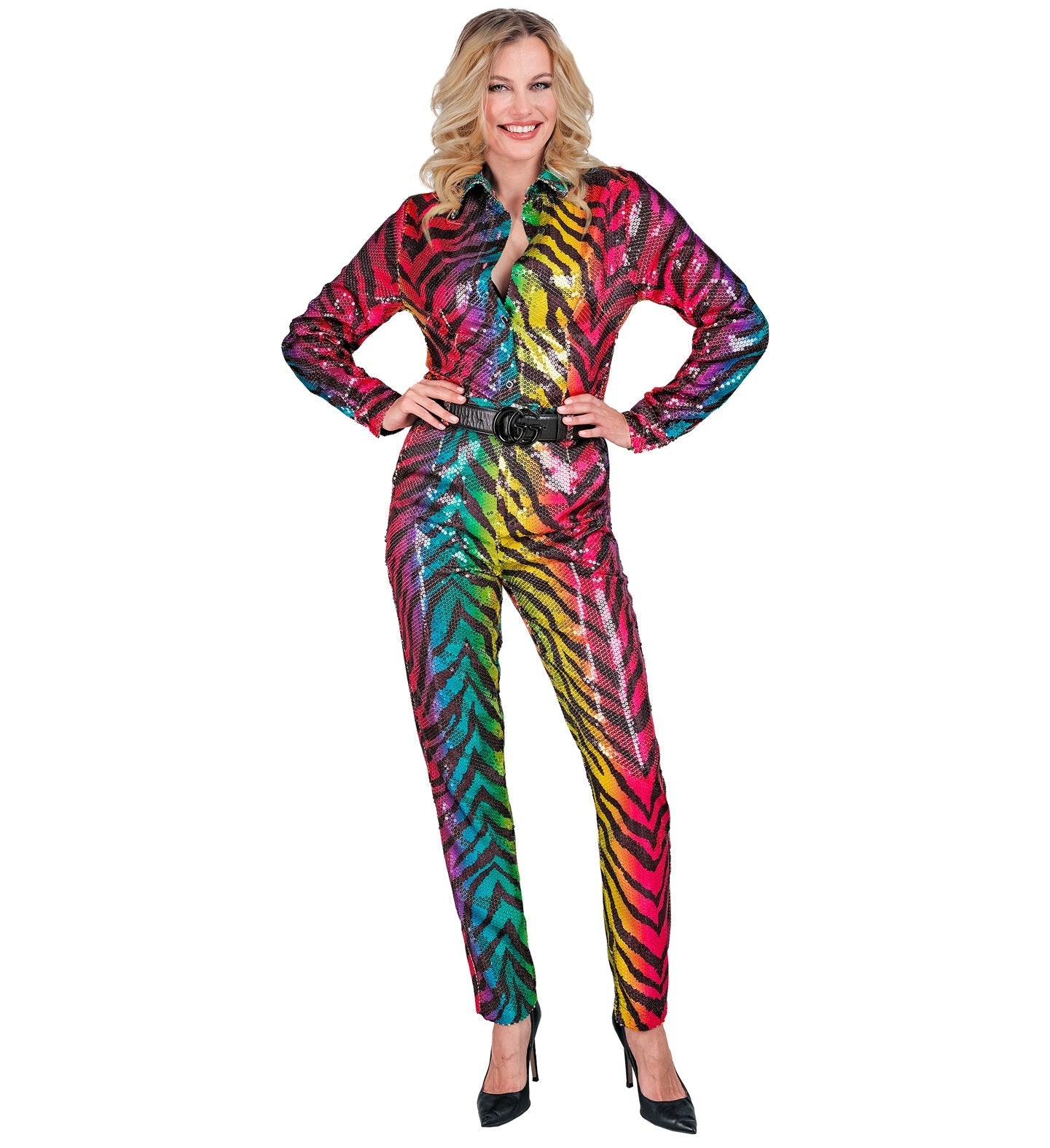 Woman wearing rainbow sequin tiger print pants with belt and heels.