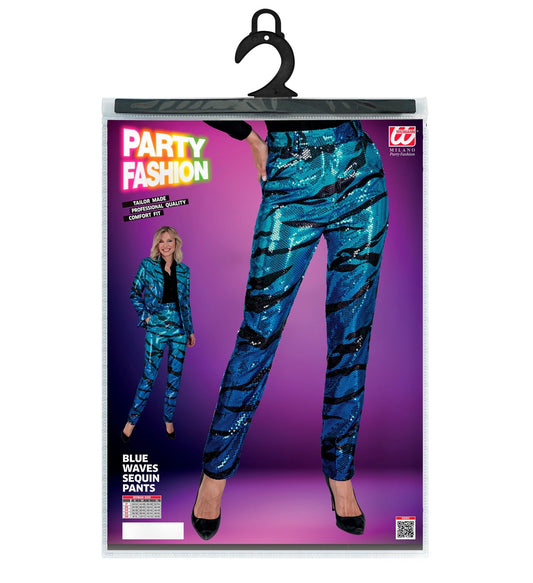 Widmann Damen Pailletten Hose in Blau-Schwarz Zebra-Look, Slim Fit, auf Packung gezeigt.