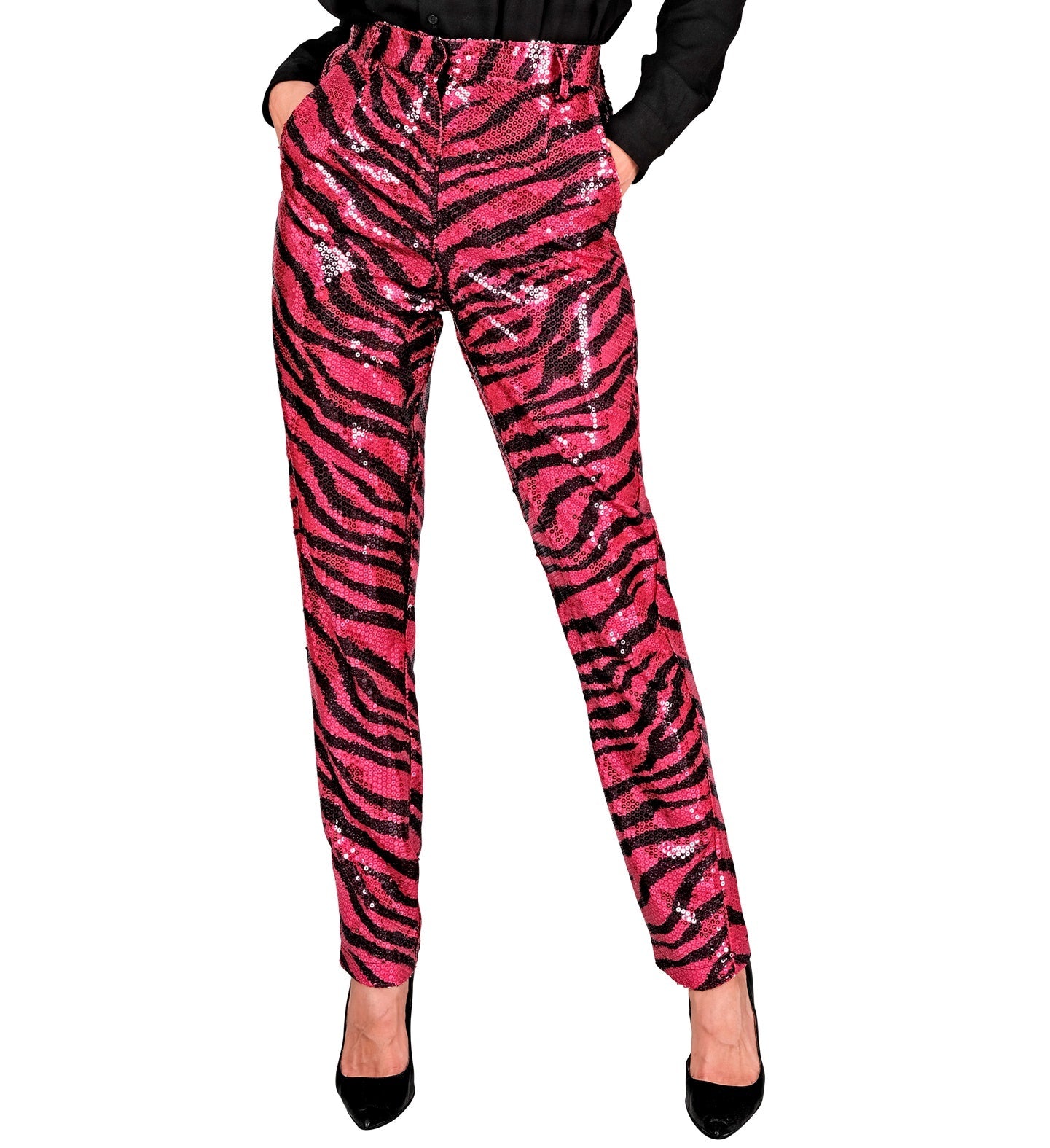 Pink and black sequin zebra print women's trousers with straight cut and stretch waist.