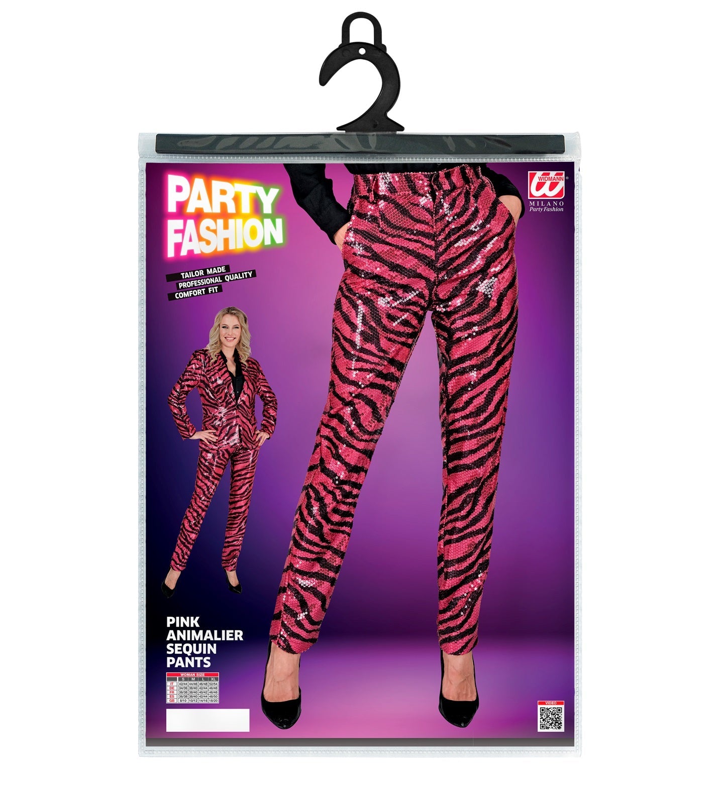 Pink and black sequin zebra print women's pants on hanger in packaging.