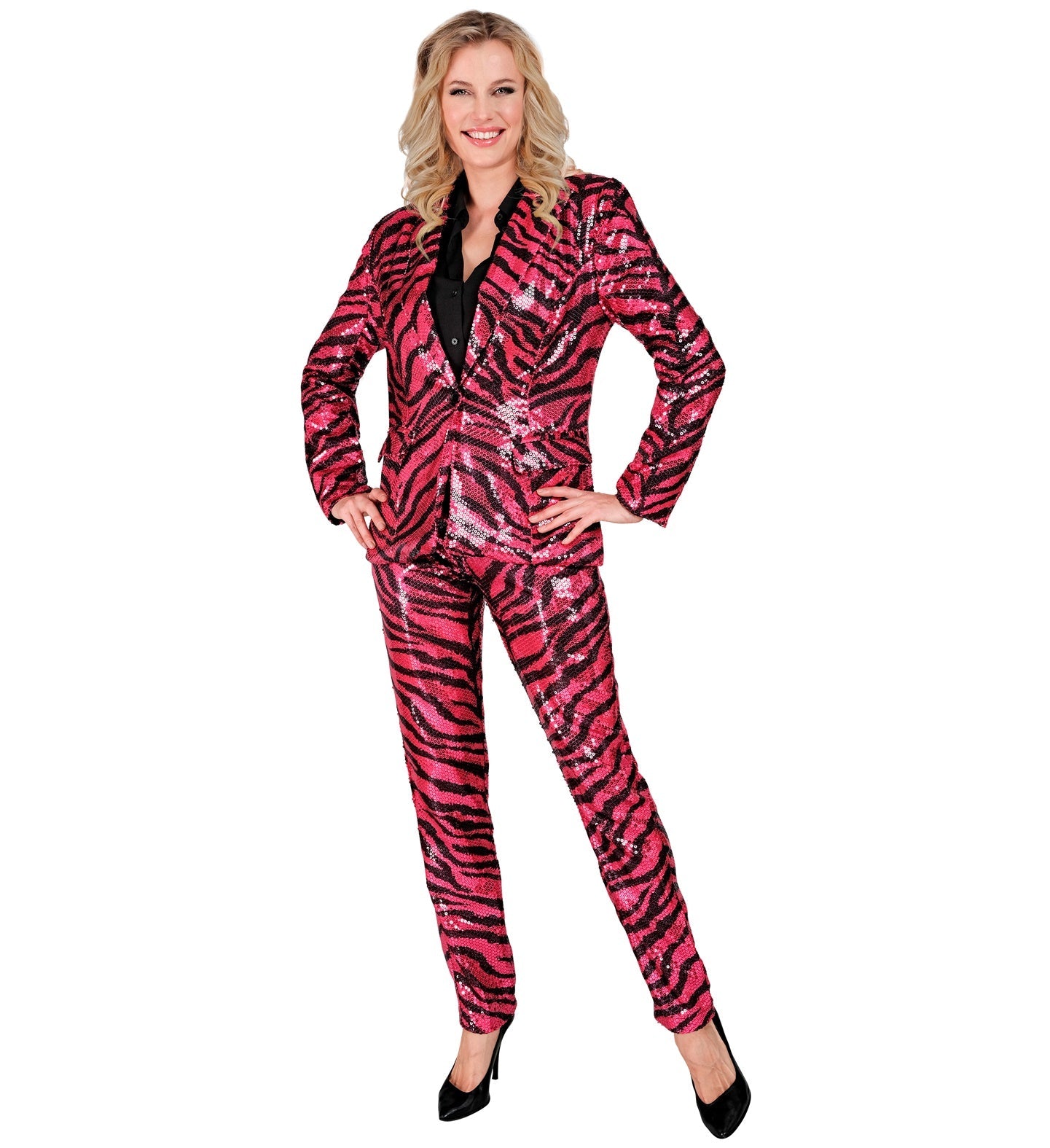 Pink and black sequin zebra print women's trousers with stretch waist.