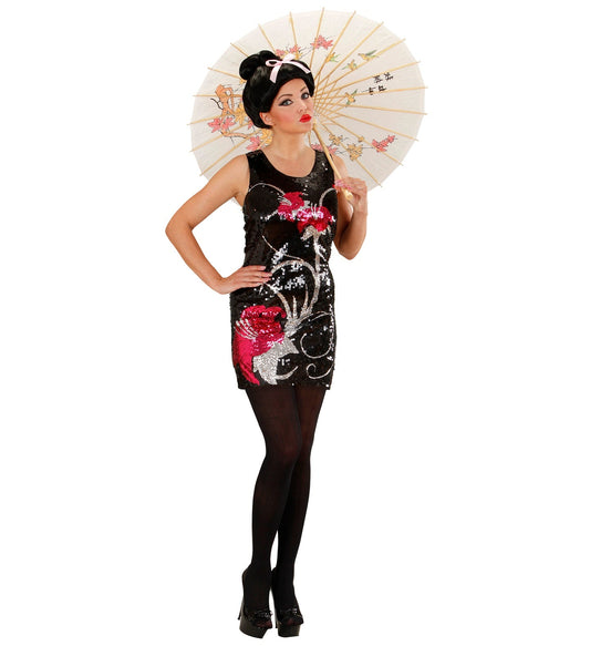 Schwarzes Damenkostüm mit silbernen und roten Pailletten in Blumenmuster, tailliert und kurz.