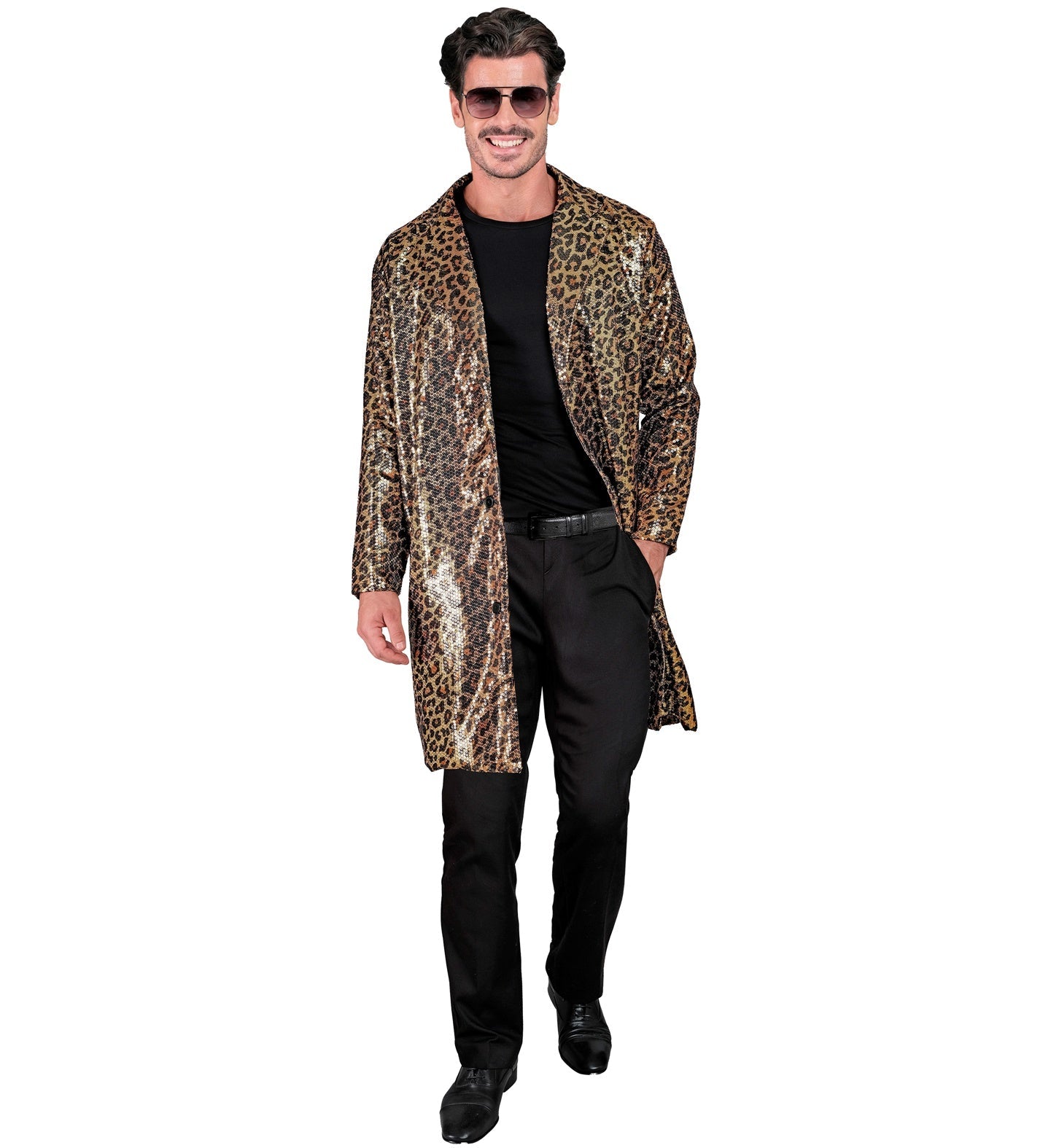 Unisex leopard sequin coat with black t-shirt and pants on a model.