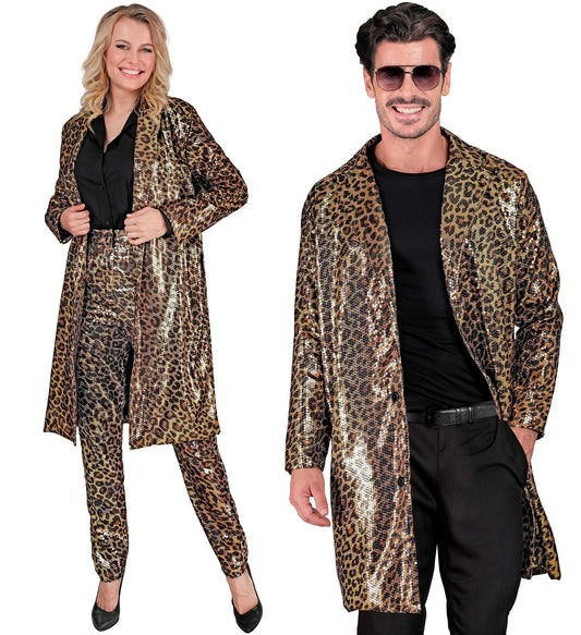 Unisex leopard sequin coat in shimmering paillettes for men and women.