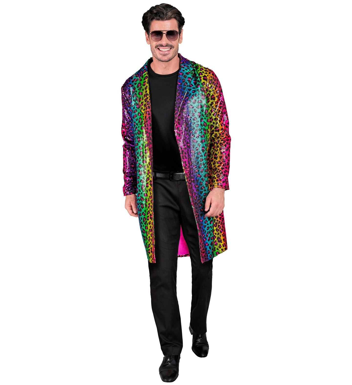 Unisex rainbow leopard sequin jacket worn by a smiling man in sunglasses and black pants.