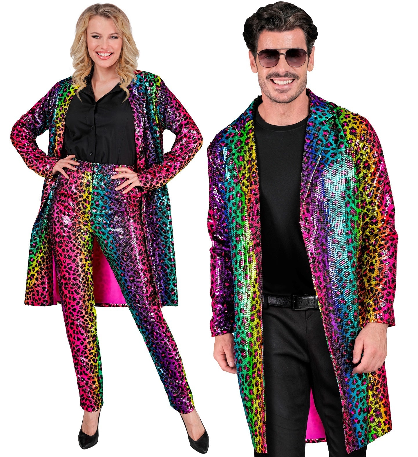 Unisex rainbow leopard sequin jacket worn by a smiling woman and man.