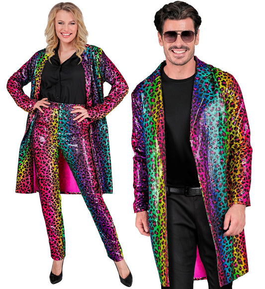 Unisex rainbow leopard sequin jacket worn by a smiling woman and man.
