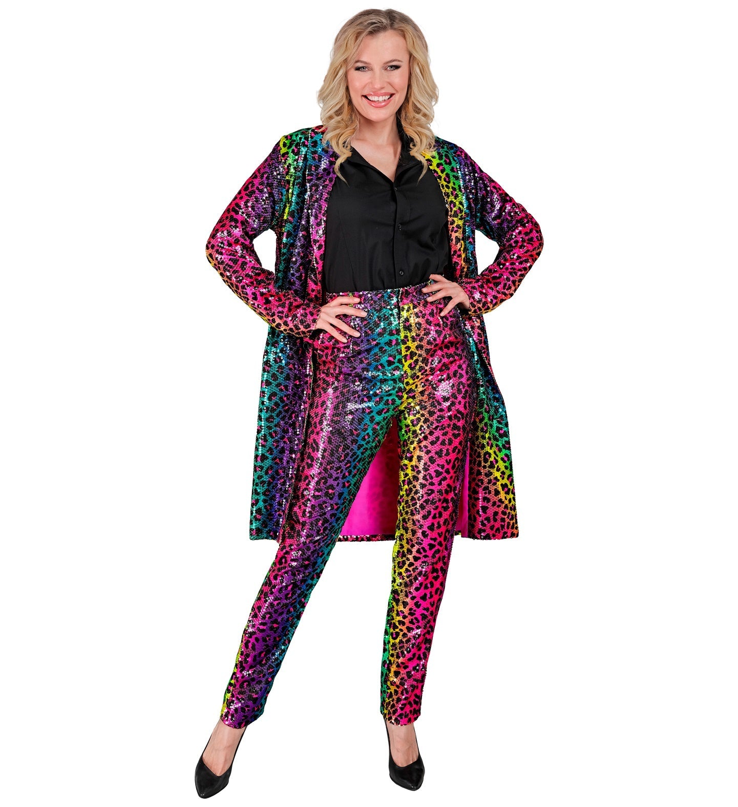 Unisex rainbow leopard sequin jacket with black shirt and pants on model.