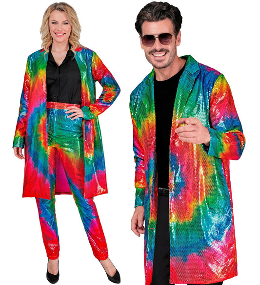 Pailletten-Mantel im Tie-Dye-Regenbogenmuster für Festival-Kostüm.