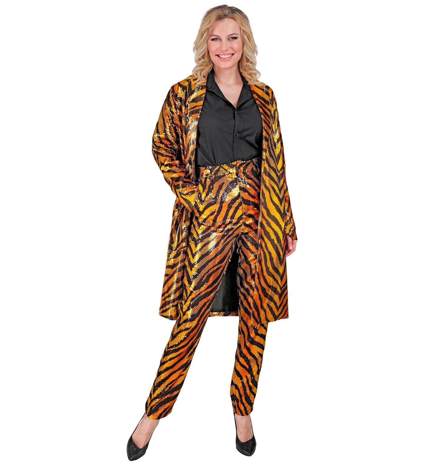Unisex sequin tiger print jacket worn by a model with pants and black shirt.