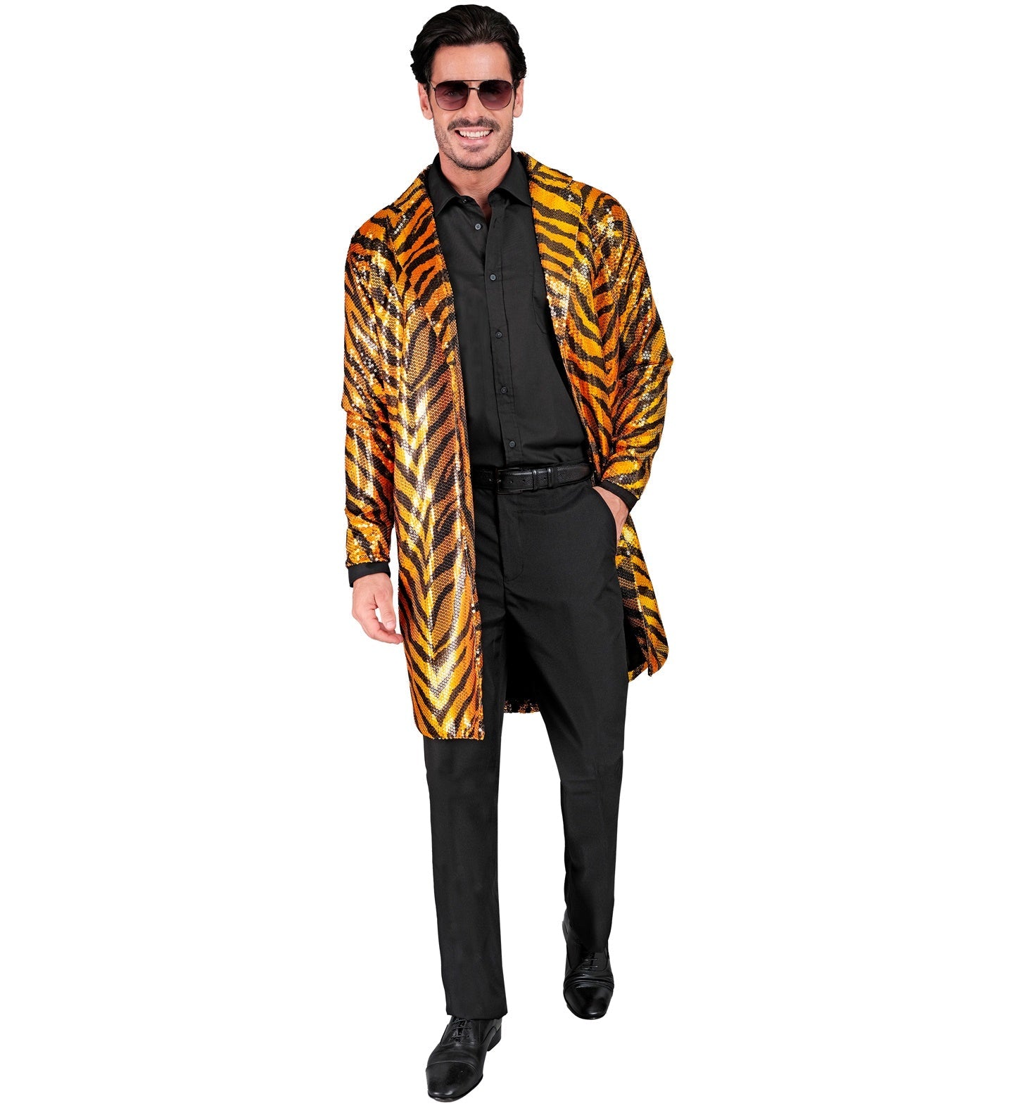 Man in sequin tiger print jacket over black shirt and pants, hands in pockets.