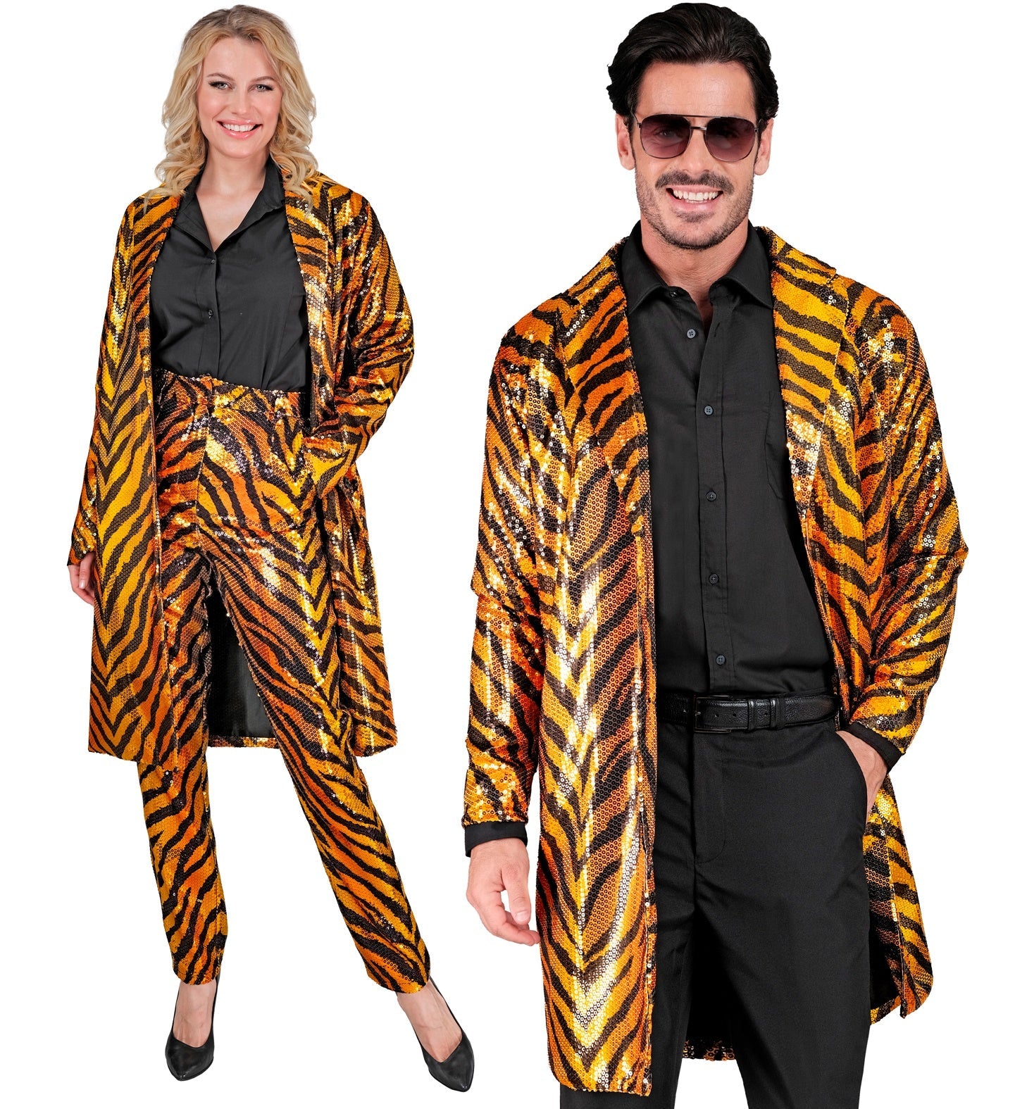 Unisex sequin tiger print jacket modeled by a smiling woman and man.