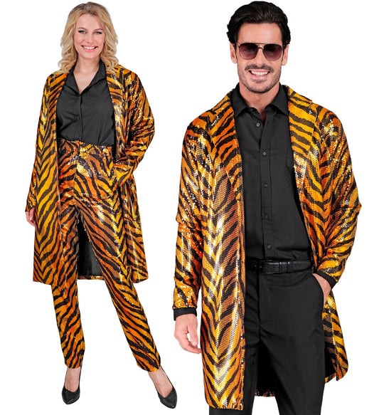 Unisex sequin tiger print jacket modeled by a smiling woman and man.
