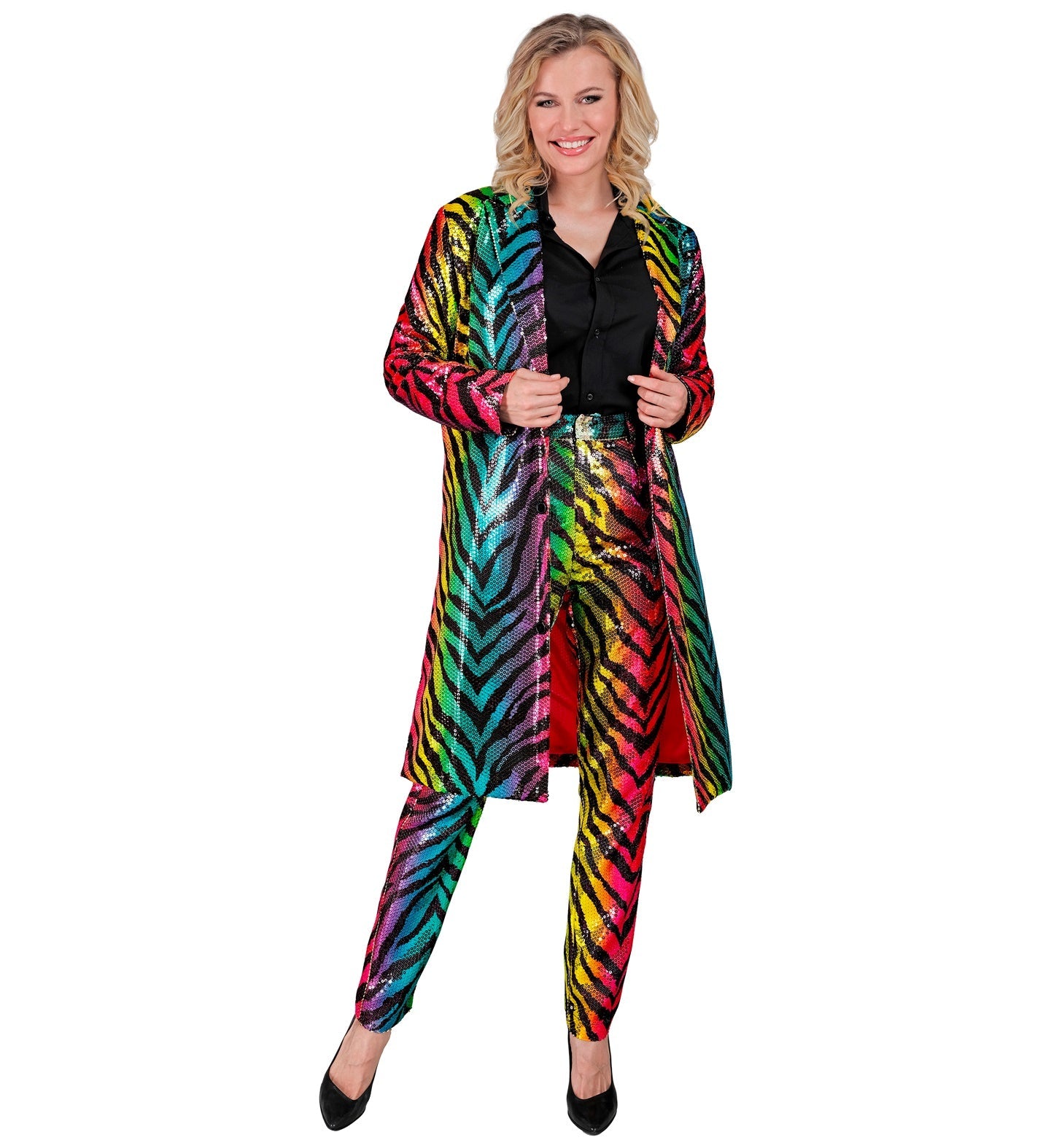 Men's rainbow sequin tiger print jacket with open front, worn over black shirt and pants.